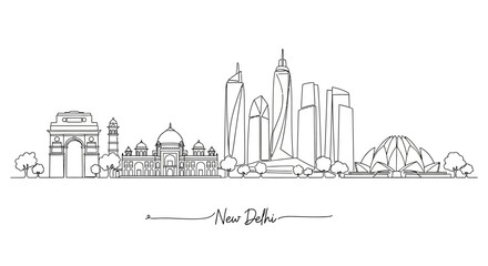 Fototapeta premium New Delhi skyline line art, iconic landmarks, modern & historic architecture