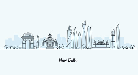 Fototapeta premium New Delhi Skyline: Modern Architecture & Historic Monuments | Minimalist Illustration