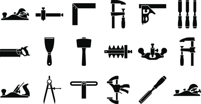 Carpentry woodworking black vector icons featuring saw hand plane mallet chisel drill compass T square clamp axe paintbrush rasp workbench and professional wood shop tools for web mobile apps