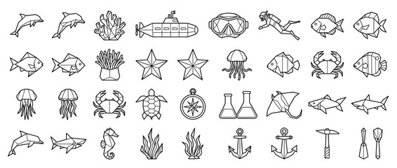 Set of Marine Life and Nautical Objects Line Art Icons © Nurman Ali