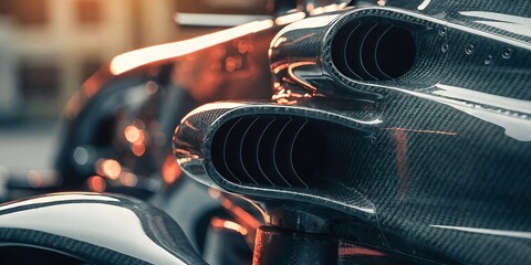 Fototapeta premium Detailed view of Formula 1 car sidepod with intricate aerodynamic surfaces and carbon fiber body