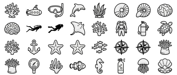 Set of Marine Life and Scuba Diving Equipment Line Icons © Nurman Ali