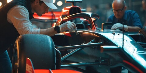 Fototapeta premium Technical inspection of a Formula 1 car by officials during scrutineering in the pit garage area