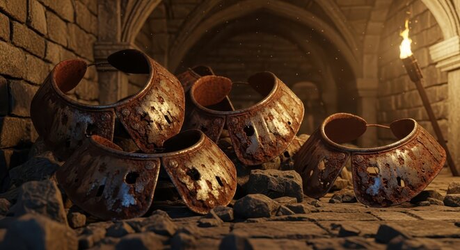 Rusty Gorget Armor Pieces Scattered on Stone Floor in Ancient Dungeon with Torchlight