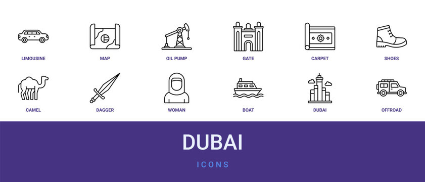 Set of 12 outline web Dubai icons such as offroad, from dubai collection. Thin such as skyscraper, emirates. for use on web and mobile apps, logo, print media., boat, woman, dagger, camel, shoes