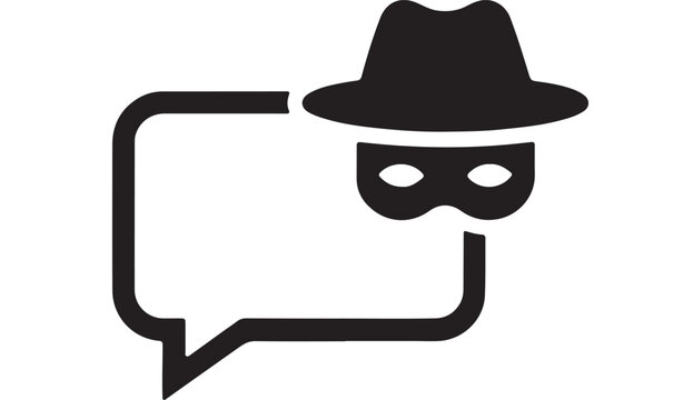 Minimalist Black Vector Icon of a Spy Hacker Mask and Speech Bubble Representing Anonymous Chat and Cybersecurity