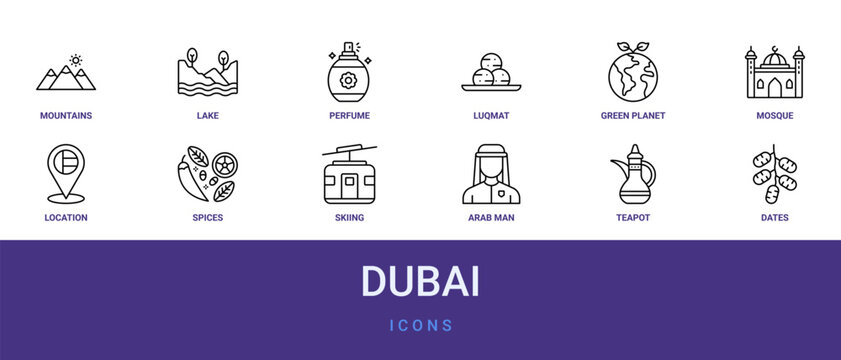 Set of 12 outline web Dubai icons such as dates, teapot, arab man, skiing, spices, location, mosque vector icons for report, presentation, diagram, web design, mobile app