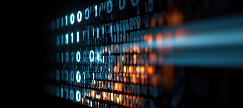 Binary code flows in blue and orange hues, abstract digital stream