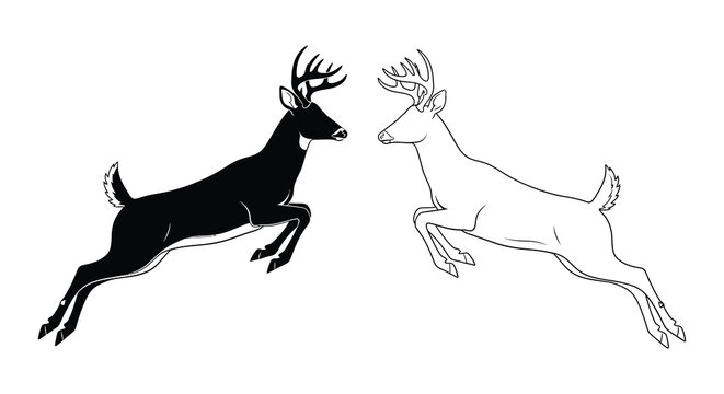 Leaping Deer Silhouette In Black And White Graphic Illustration