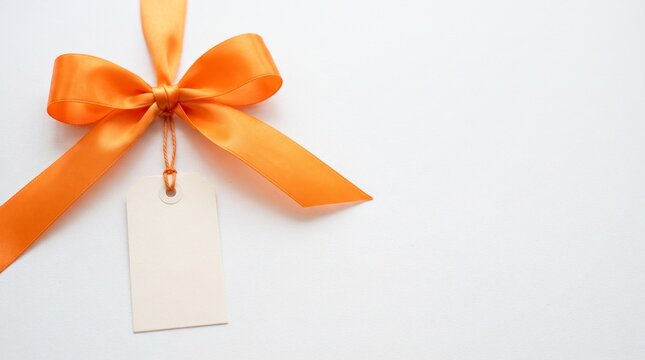 Orange gift bow with blank tag on white background, shopping