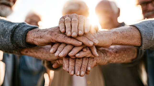 Elderly individuals with wrinkled hands stacked together in unity and support