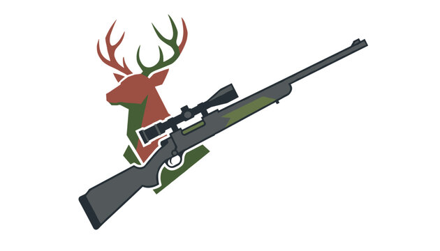 Hunter's logo design showing a rifle with a scope overlaid on a rustic silhouette of a deer head with antlers.