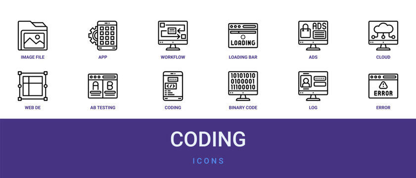 Set of 12 outline web Coding icons such as error, log in, binary code, coding, ab testing, web de, cloud computing vector icons for report, presentation, diagram, web design, mobile app