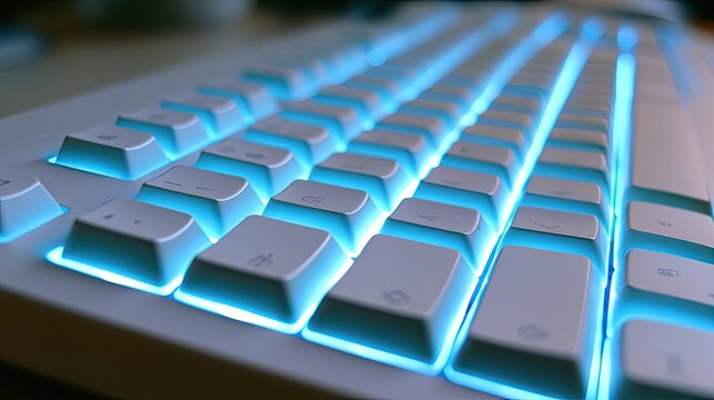 Close-up of a white keyboard with vibrant blue backlighting