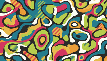Naklejka premium Vibrant abstract camouflage pattern featuring organic shapes and flowing liquid forms in green, blue, yellow, and red colors.