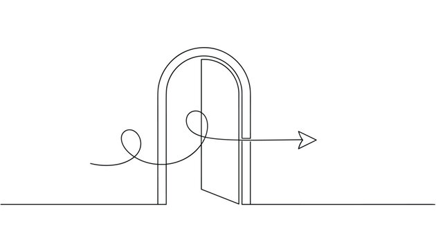Continuous line art drawing of an open arched doorway with a looping arrow indicating passage or transformation.