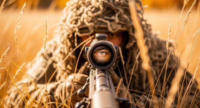 Sniper aiming through scope in camouflage ghillie suit, hidden in tall dry grass field during daytime