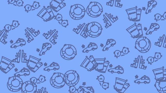 Blue background with scattered lifebuoys, eyeglasses, cars, sandals, beverage cups, star icons pattern. Perfect for summerthemed designs and advertisements.