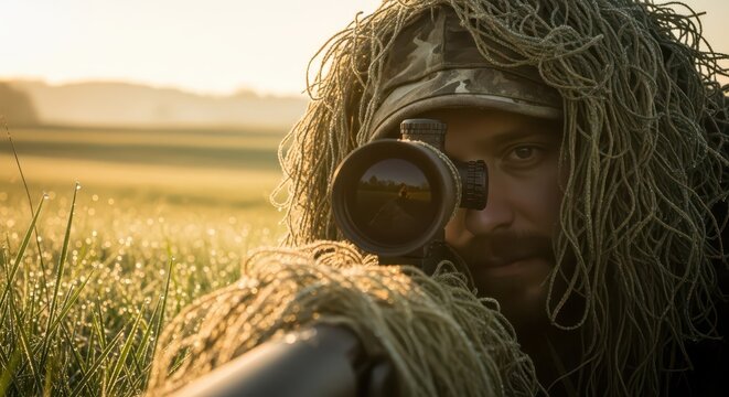 Sniper in camouflage ghillie suit aiming rifle scope in misty morning field, stealth and surveillance