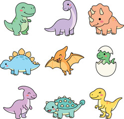 Cute Kawaii Dinosaur Cartoon Character Mascot Set Featuring Tyrannosaurus Rex Brachiosaurus Triceratops and Pterodactyl Vector Illustrations for Kids Nursery Stickers and Apparel Designs © Remi
