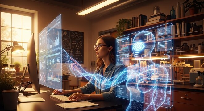 Scientist Analyzing Futuristic Holographic Data Visualization of Human Anatomy and Financial Charts