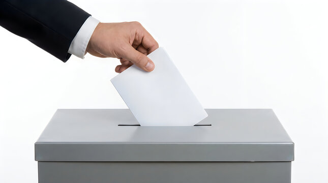 Person in suit putting a paper ballot into a voting box illustration