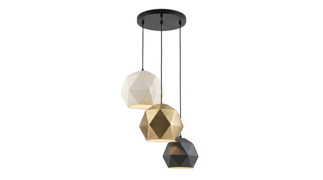 Modern geometric pendant light fixture with three hanging lamps isolated on transparent background