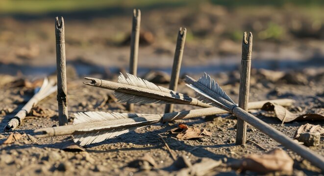 Several antique wooden arrows with feather fletching stuck in the ground, natural light, close-up, outdoor setting