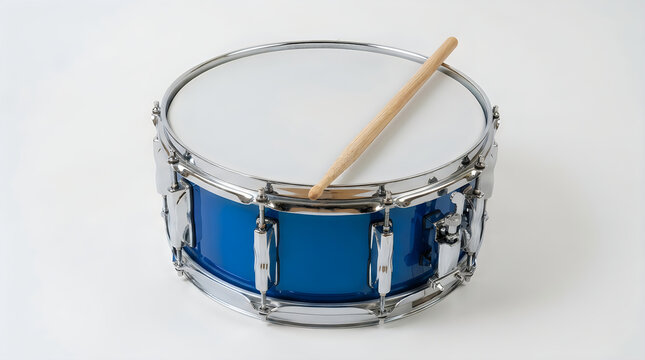 Blue snare drum with a wooden drumstick on top illustration