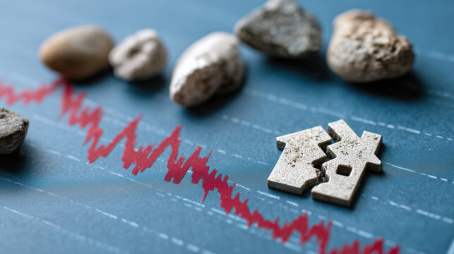 A cracked wooden house symbol on a declining red stock market graph background with scattered stones. Concept of real estate crash, mortgage crisis, and financial ruin.