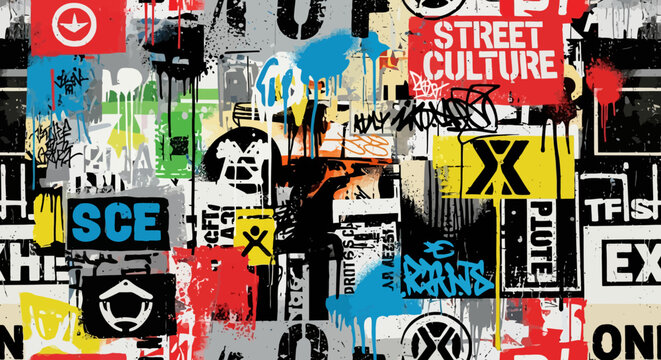 Urban street culture graffiti collage with posters.