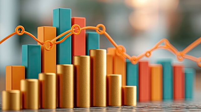 Upward trending bar graph with orange line charting growth over time