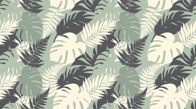 Seamless tropical foliage pattern with monstera fern and palm leaves in sage green