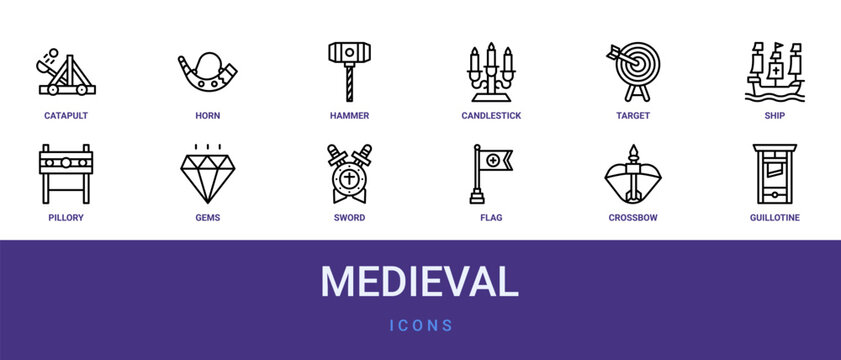 Set of 12 outline web Medieval icons such as guillotine, crossbow, flag, sword, gems, pillory, ship vector icons for report, presentation, diagram, web design, mobile app