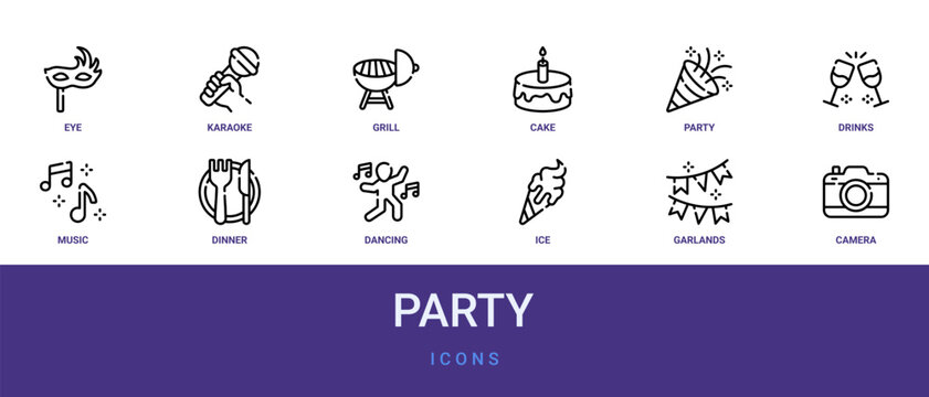 Set of 12 outline web Party icons such as camera, garlands, ice, dancing, dinner, music, drinks vector icons for report, presentation, diagram, web design, mobile app