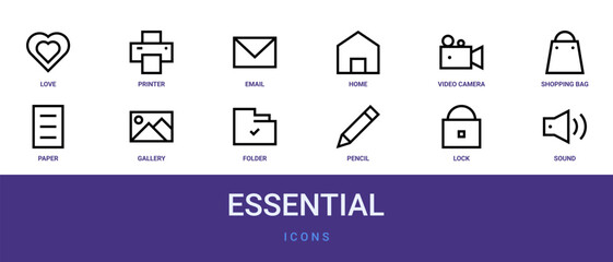 Obraz premium Set of 12 outline web Essential icons such as sound, lock, pencil, folder, gallery, paper, shopping bag vector icons for report, presentation, diagram, web design, mobile app