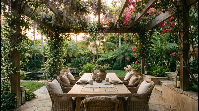Luxury outdoor dining table setup under flower covered pergola in lush tropical garden