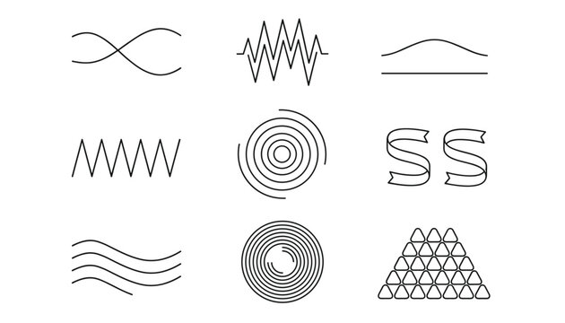 Nine minimal line icons depicting abstract physical forces such as sound waves, frequencies, and magnetism.