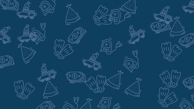 Vibrant, fun pattern with party hats, money, vacuum cleaner, and fins on a blue background. Perfect for party invitations and financial content.