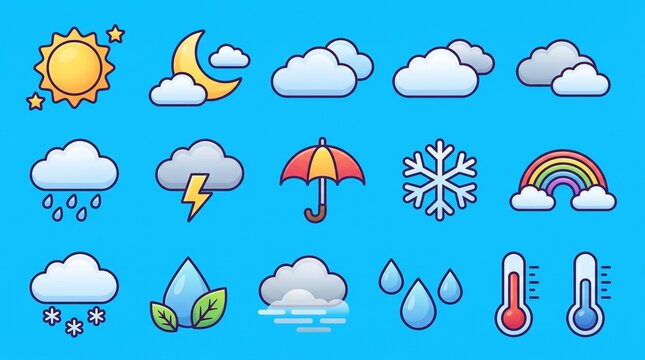 Set of colorful weather forecast icons for meteorological design with forecast