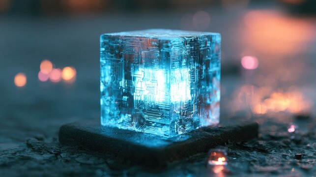 Glowing, crystalline cube on dark surface, with soft bokeh lights