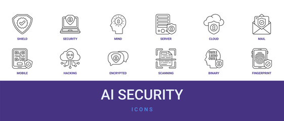 Set of 12 outline web AI Security icons such as fingerprint, binary, scanning, encrypted, hacking, mobile, mail vector icons for report, presentation, diagram, web design, mobile app © Izzat