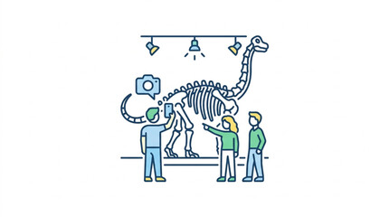 Group of people observing a dinosaur skeleton exhibit. © Sadar