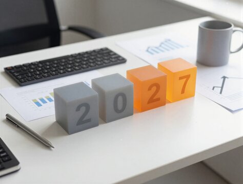 Number blocks forming 2027 arranged on office desk with charts