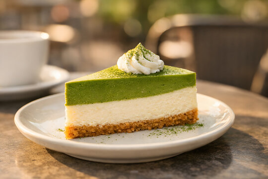 Slice of trendy matcha cake on plate