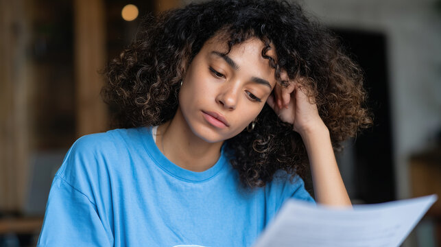 A tired young woman concentrates on a printed document with a worried look. Concept of intense studying, academic failure or success, and educational challenges.