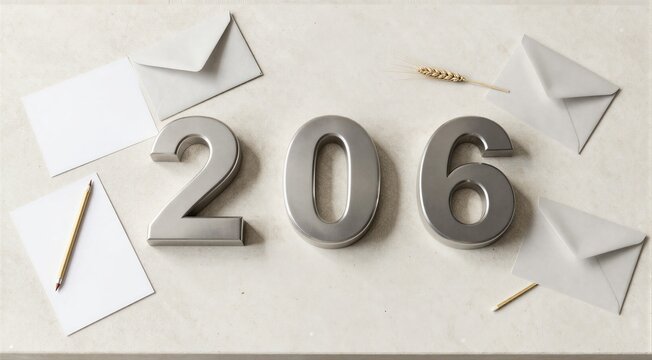 Metal numerals 206 arranged with stationery on marble tabletop