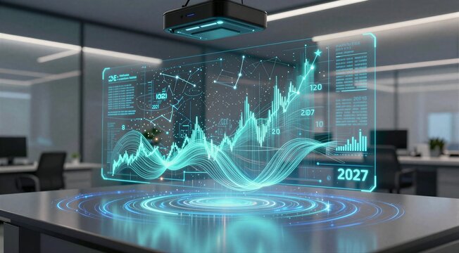 Holographic financial data projection displayed over office table