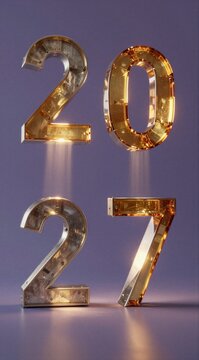 Metallic numbers 2027 glowing suspended against plain background