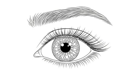Obraz premium A detailed black and white line drawing depicts a human eye with a prominent eyebrow. The eye features a complex, ornate mandala pattern within the iris.